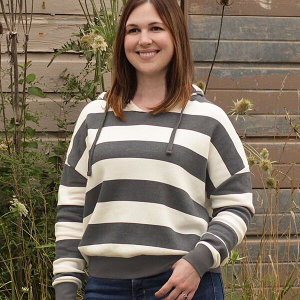 Women's Striped Fleece Boxy Hooded Sweatshirt Thumbnail